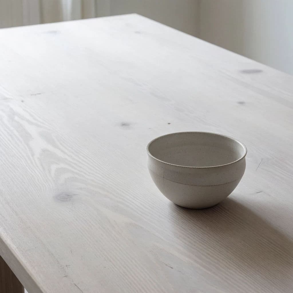 Square photograph of a single ceramic bowl placed off centre on a large bare table, generated with Krea 2 Medium