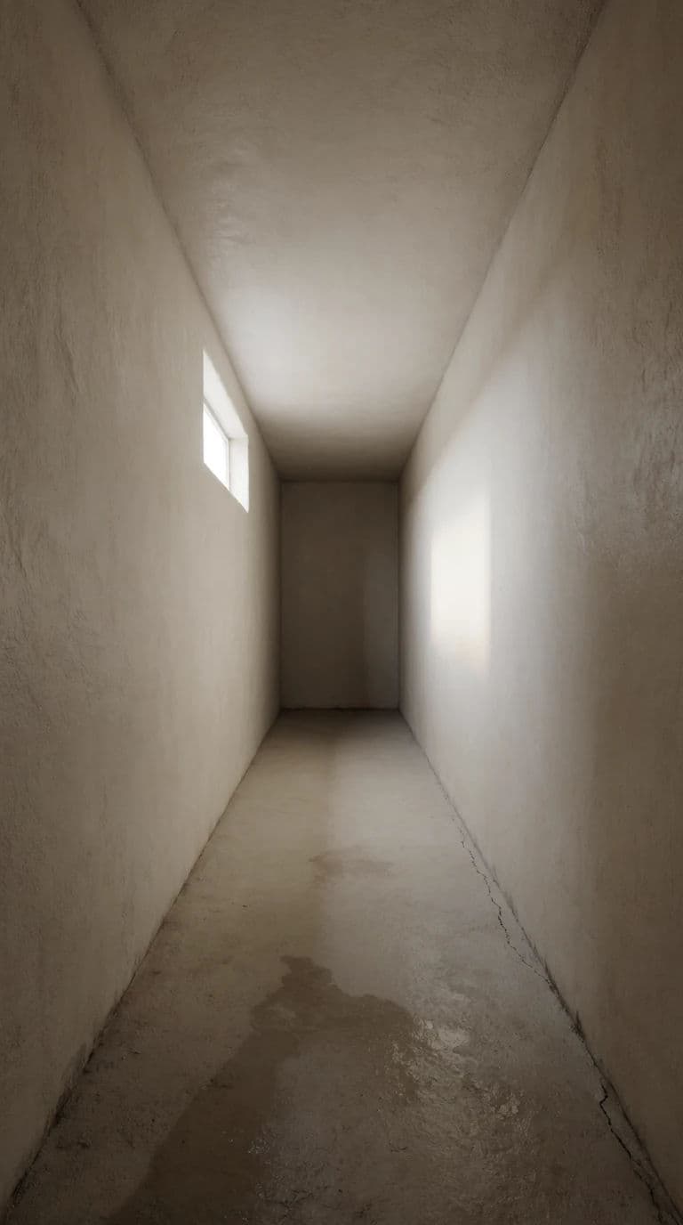 Vertical photograph of a long bare corridor with a single high window part way along, generated with Krea 2 Medium