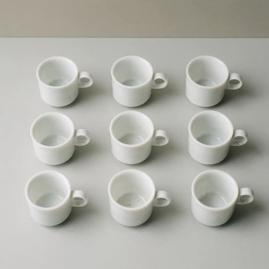 Square photograph of nine identical white cups arranged in an exact three by three grid, generated with Krea 2 Medium