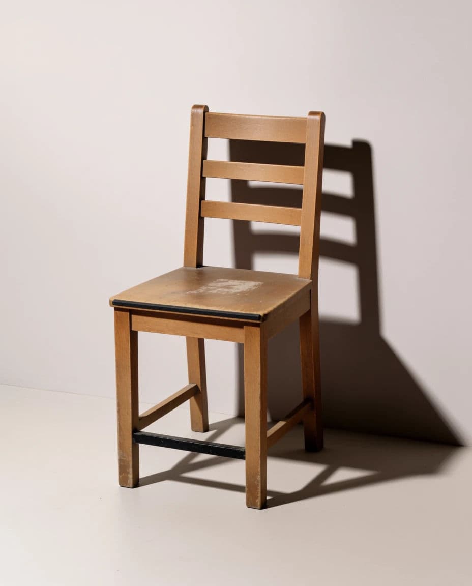 Photograph of a wooden chair placed close to a wall with its shadow doubled behind it, generated with Krea 2 Medium