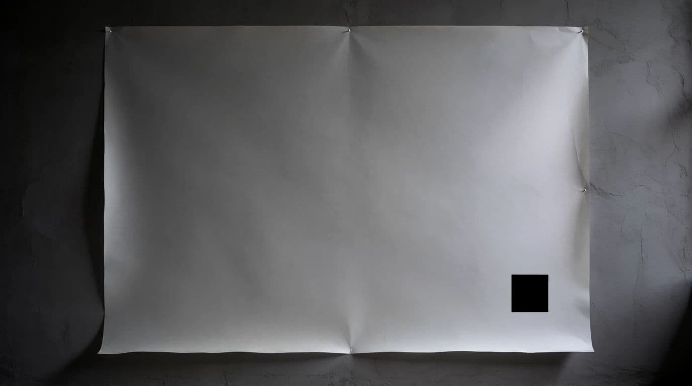 Wide photograph of a large blank poster carrying one small printed mark in a corner, generated with Krea 2 Medium