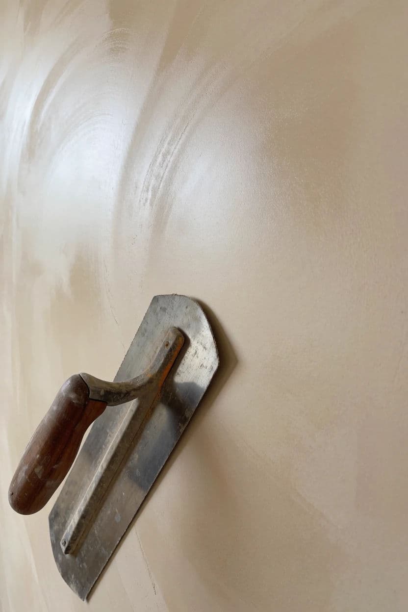 Vertical photograph of one plasterer trowel resting on a freshly finished plaster wall, generated with Krea 2 Medium