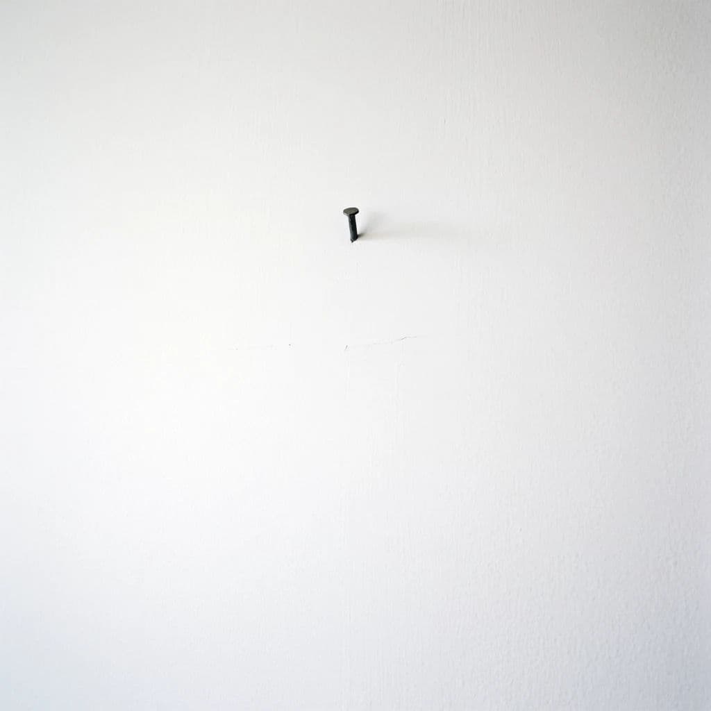 Square photograph of one small nail in a large white wall with nothing hung on it, generated with Krea 2 Medium