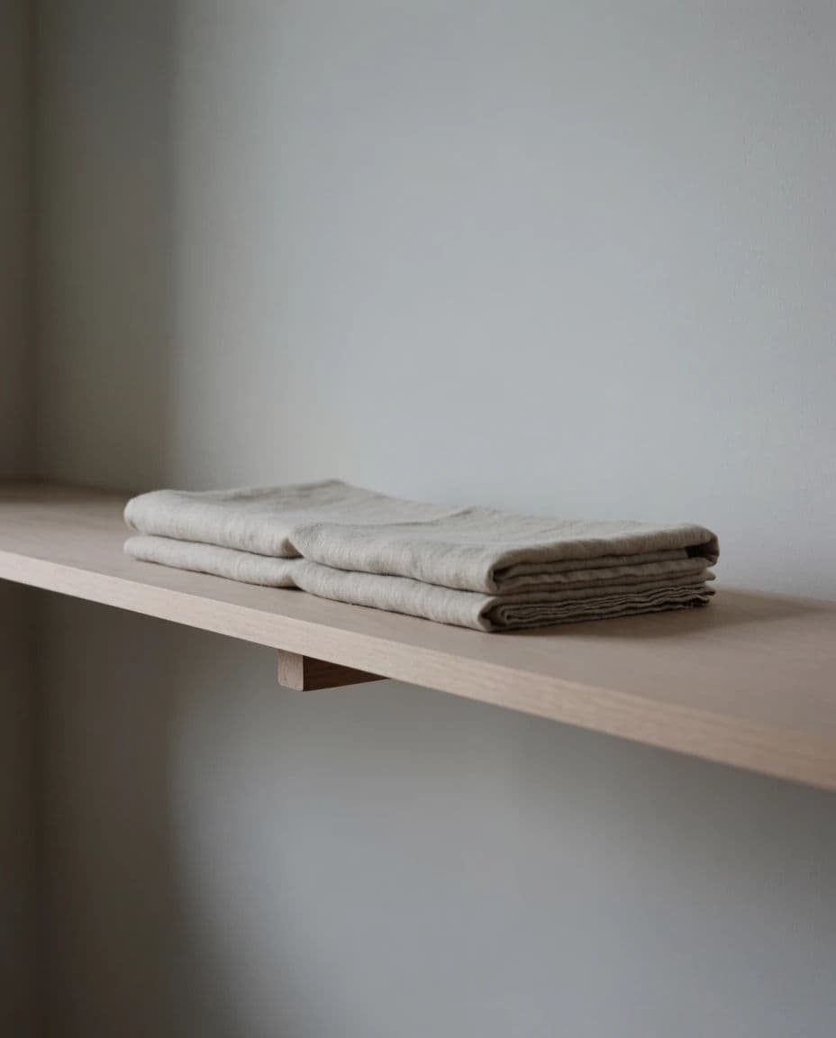 Photograph of one folded linen cloth resting on an otherwise empty shelf, generated with Krea 2 Medium