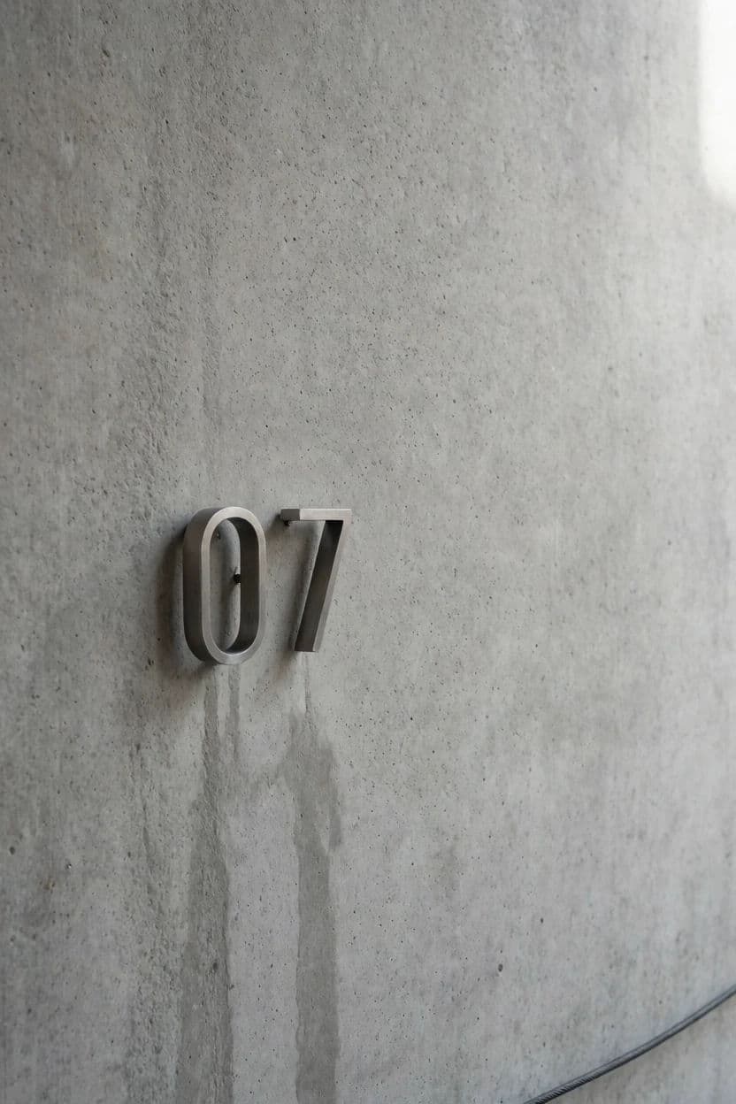 Vertical photograph of two small metal numerals fixed to a wide bare wall, generated with Krea 2 Medium