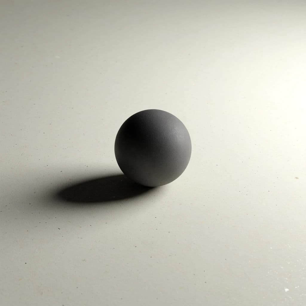 Square photograph of one dark sphere resting on a pale flat surface with a long shadow, generated with Krea 2 Medium