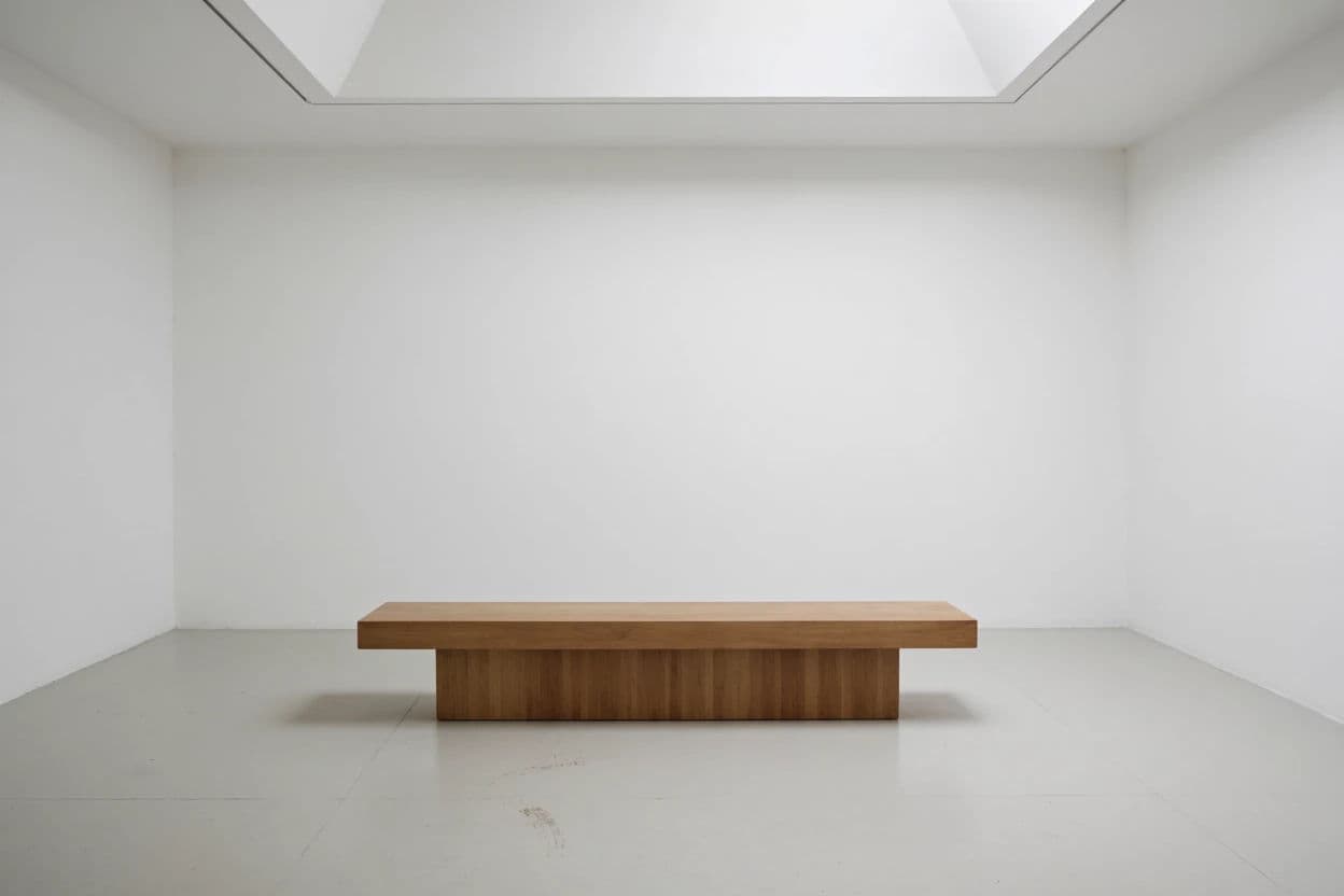 Photograph of one long bench in an empty gallery room with bare walls, generated with Krea 2 Medium