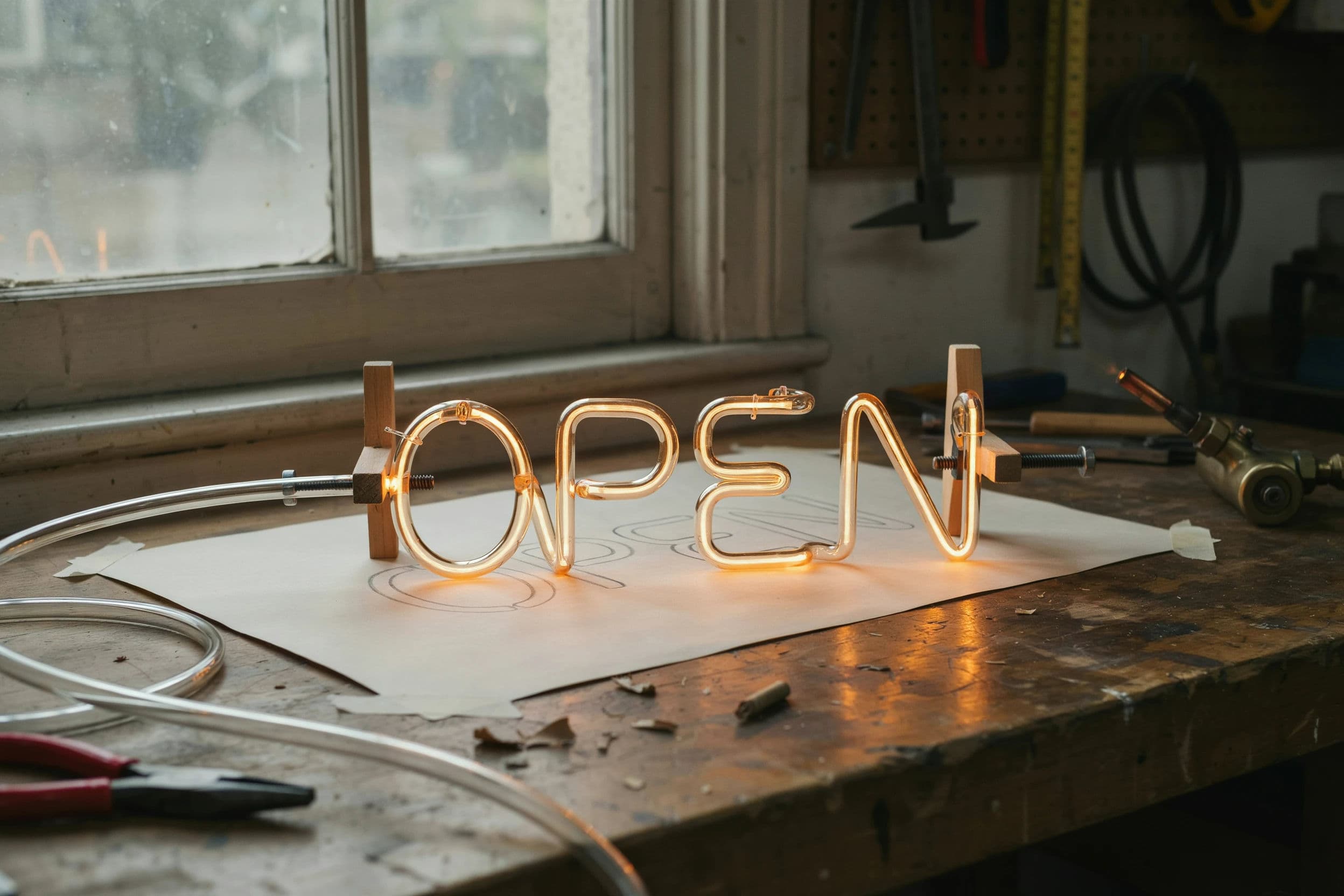Photograph of a neon tube bent into the word OPEN clamped in a jig on a workbench, generated with Ideogram 4.0