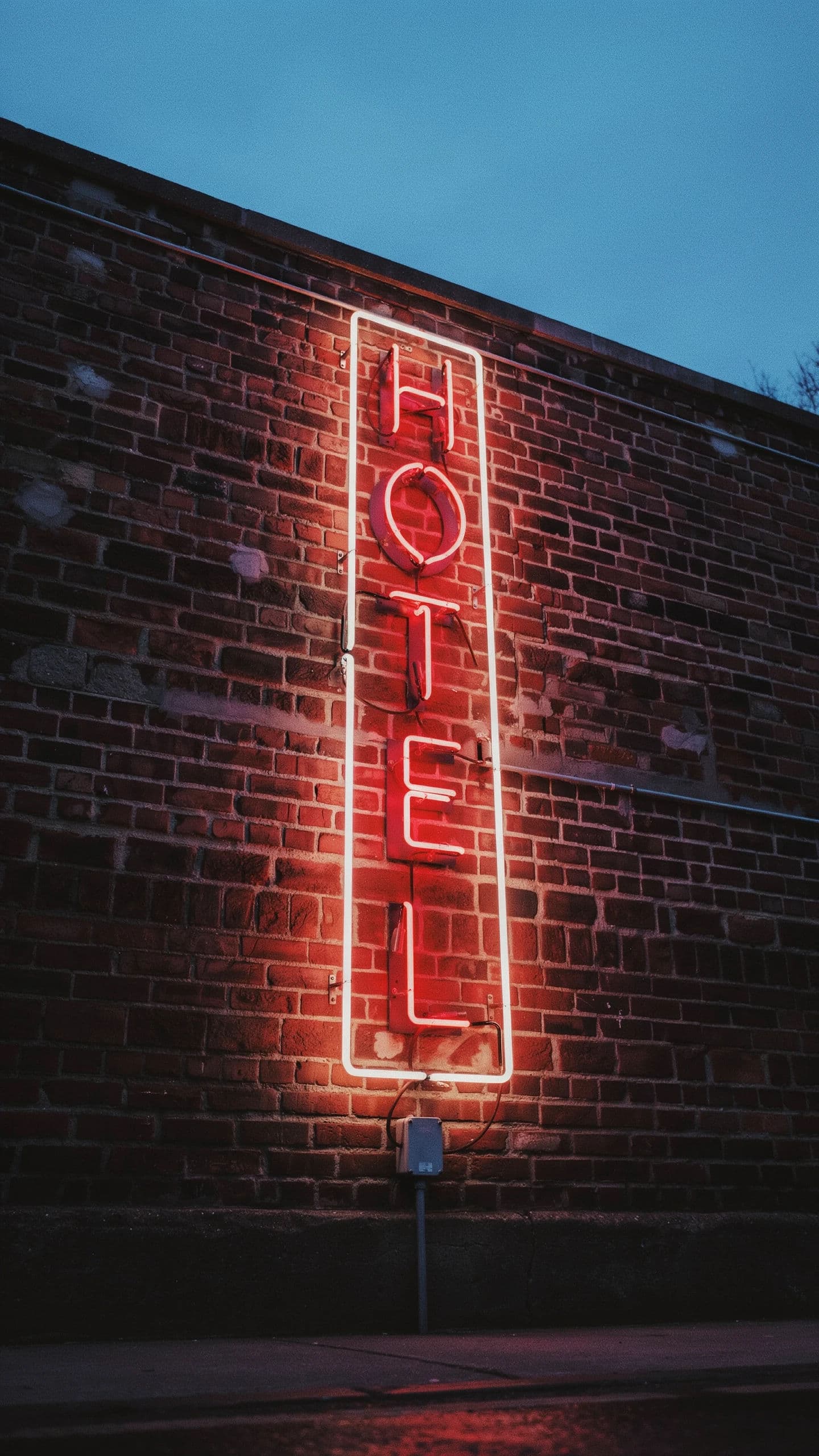 Vertical photograph of a tall hotel sign spelling HOTEL vertically down a brick facade, generated with Ideogram 4.0