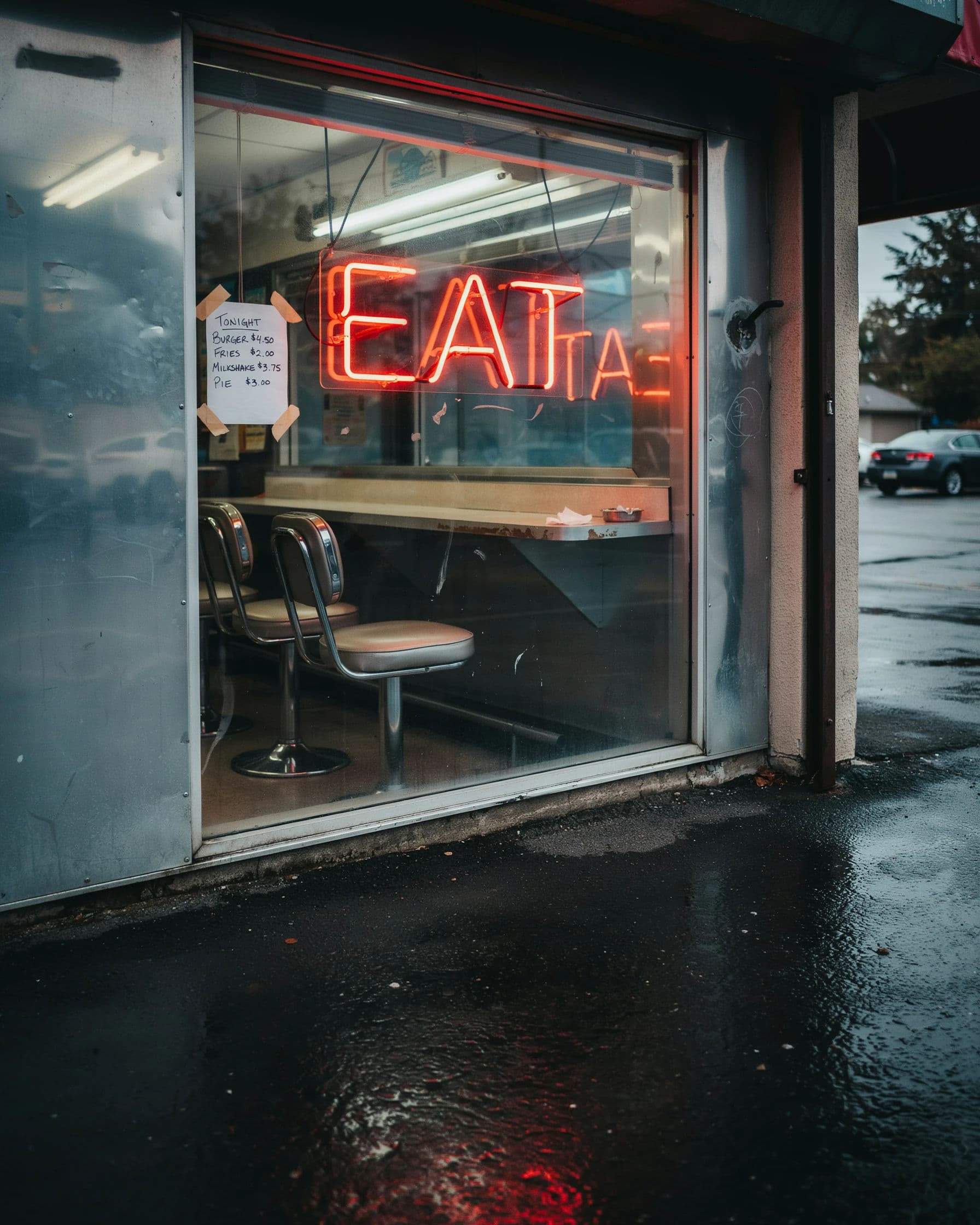 Photograph of a small diner window with a red EAT sign hung inside the glass, generated with Ideogram 4.0