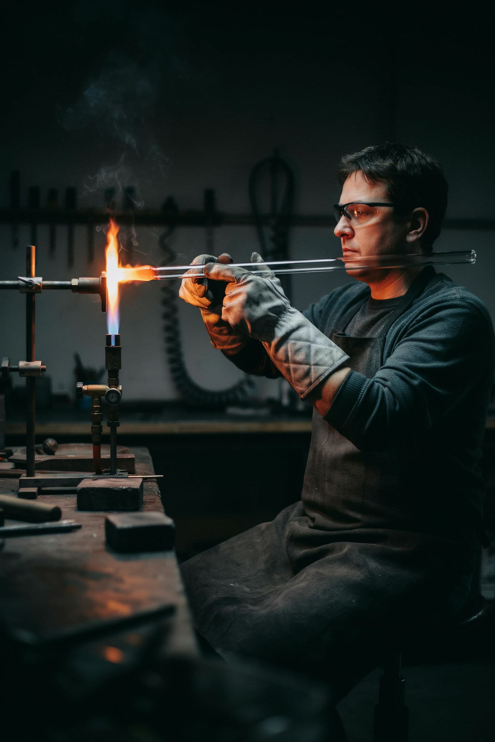 Vertical photograph of a glassworker heating a tube in a ribbon burner flame, generated with Ideogram 4.0