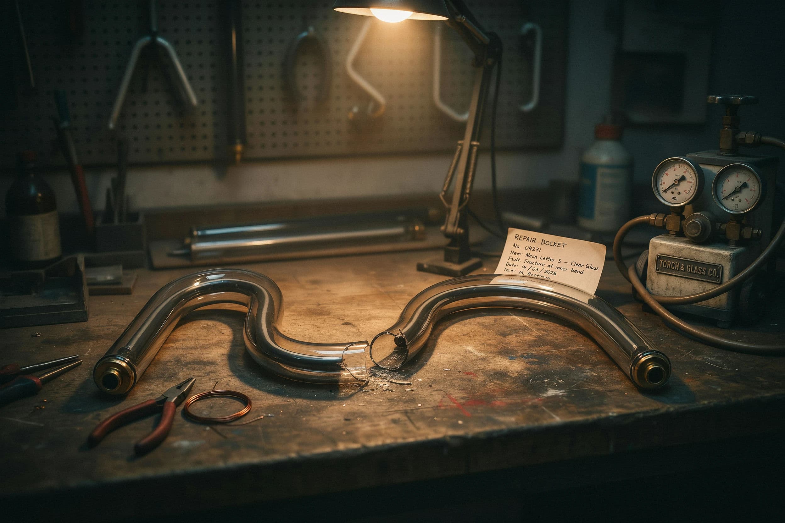 Photograph of a broken neon letter on a repair bench with the fracture visible, generated with Ideogram 4.0