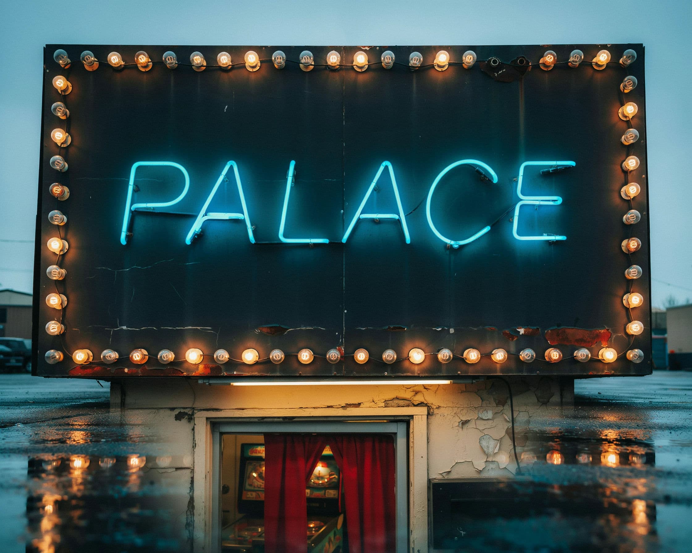 Photograph of an amusement frontage combining neon script with a chase bulb border, generated with Ideogram 4.0
