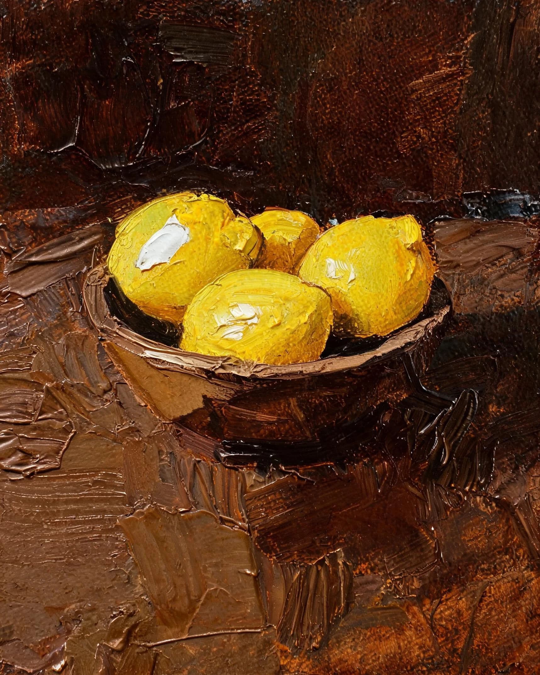 Oil painting of lemons in a bowl painted in thick loaded strokes with visible knife edges, generated with Seedream 5.0 Lite
