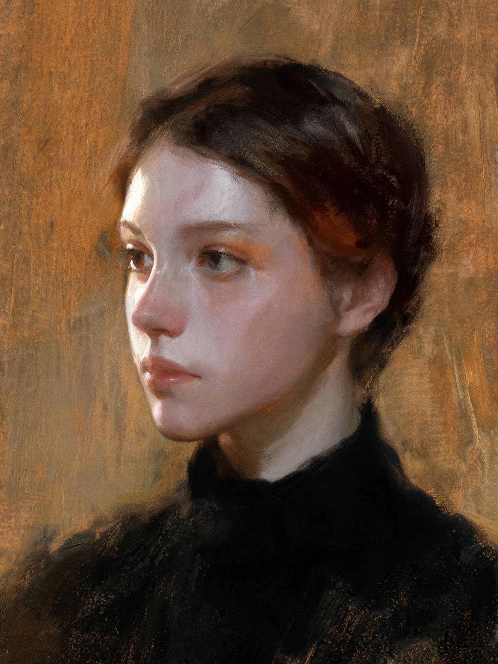 Oil portrait of a woman built in thin glazes over a warm underpainting, generated with Seedream 5.0 Lite