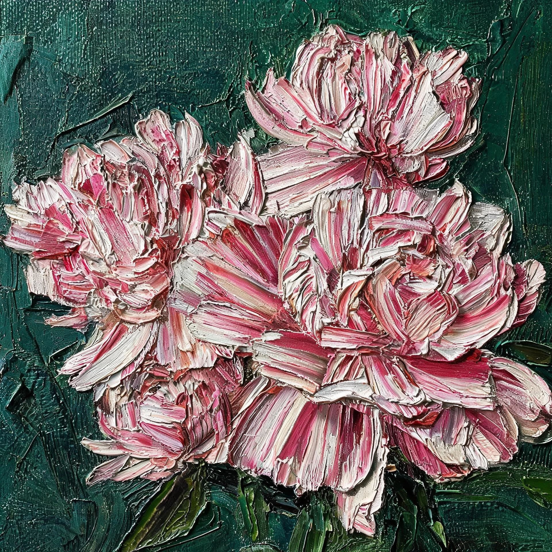 Oil painting of blown peonies built almost entirely with a palette knife, generated with Seedream 5.0 Lite