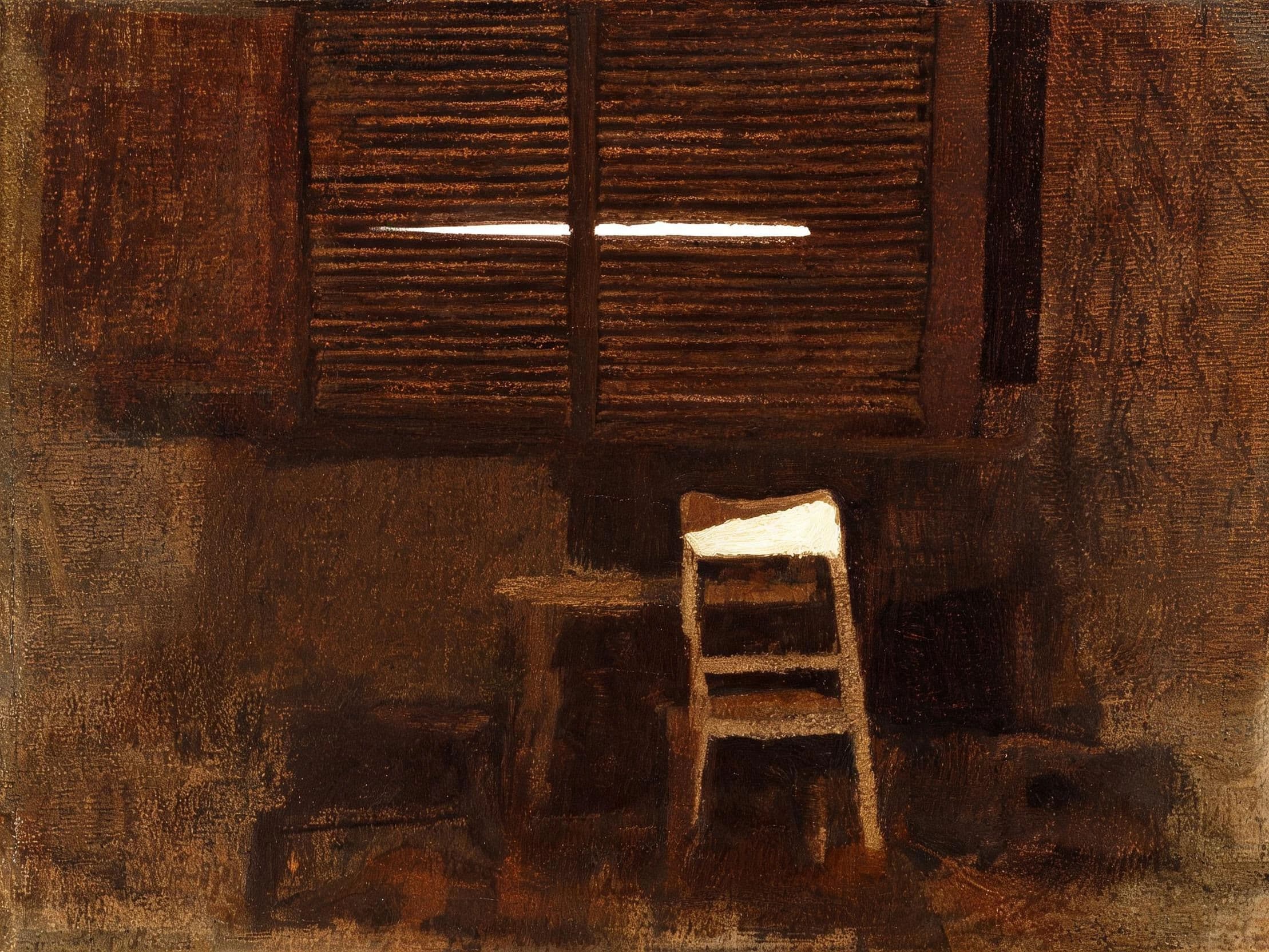 Oil painting of a dim interior built in warm transparent layers with one bright slot, generated with Seedream 5.0 Lite
