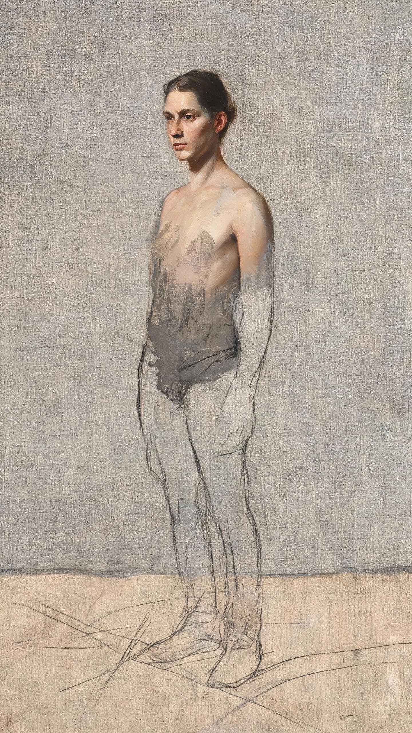 Vertical oil study of a standing figure blocked in and deliberately unfinished, generated with Seedream 5.0 Lite