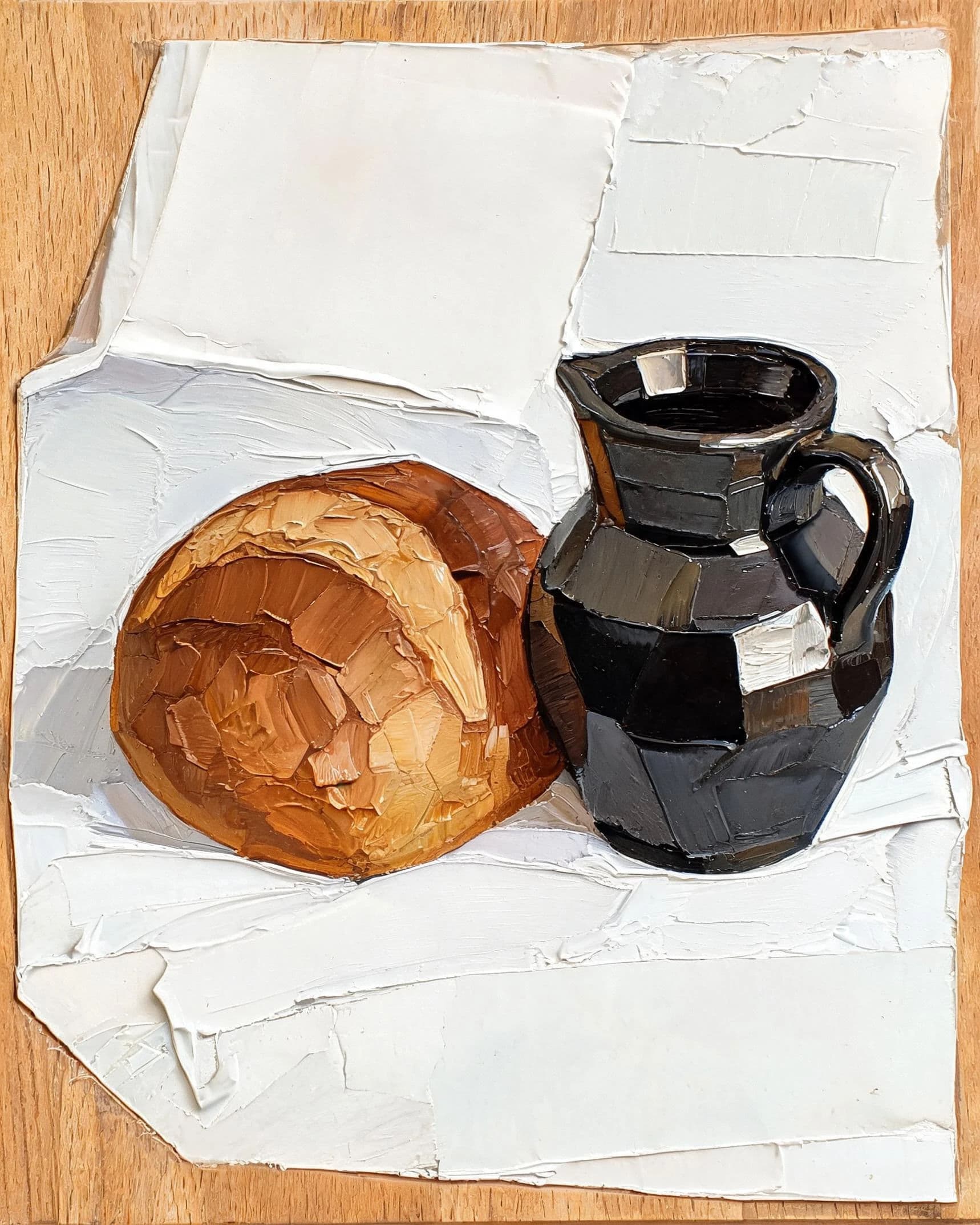 Oil still life of a loaf and a jug built in blocky knife planes, generated with Seedream 5.0 Lite
