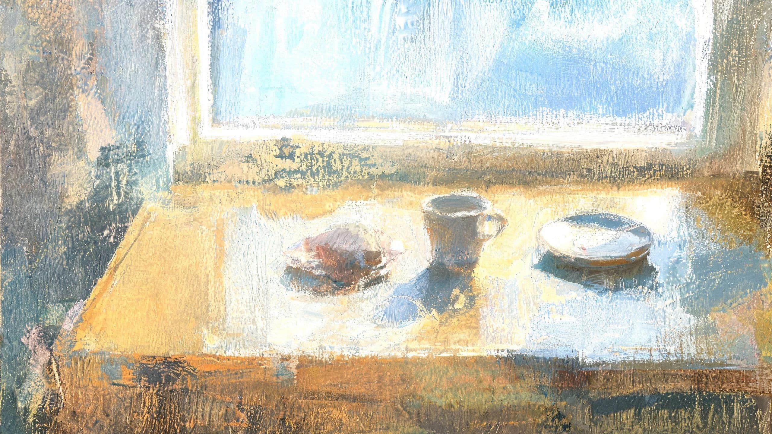Wide oil painting of a kitchen table and window painted quickly in one session, generated with Seedream 5.0 Lite