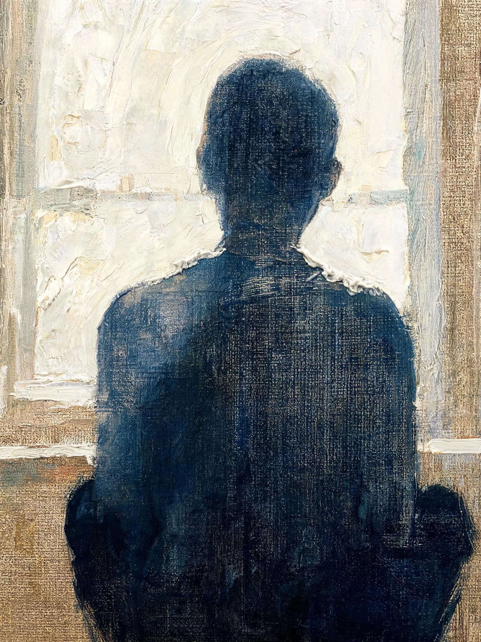 Vertical oil painting of a seated figure from behind against a bright window, generated with Seedream 5.0 Lite