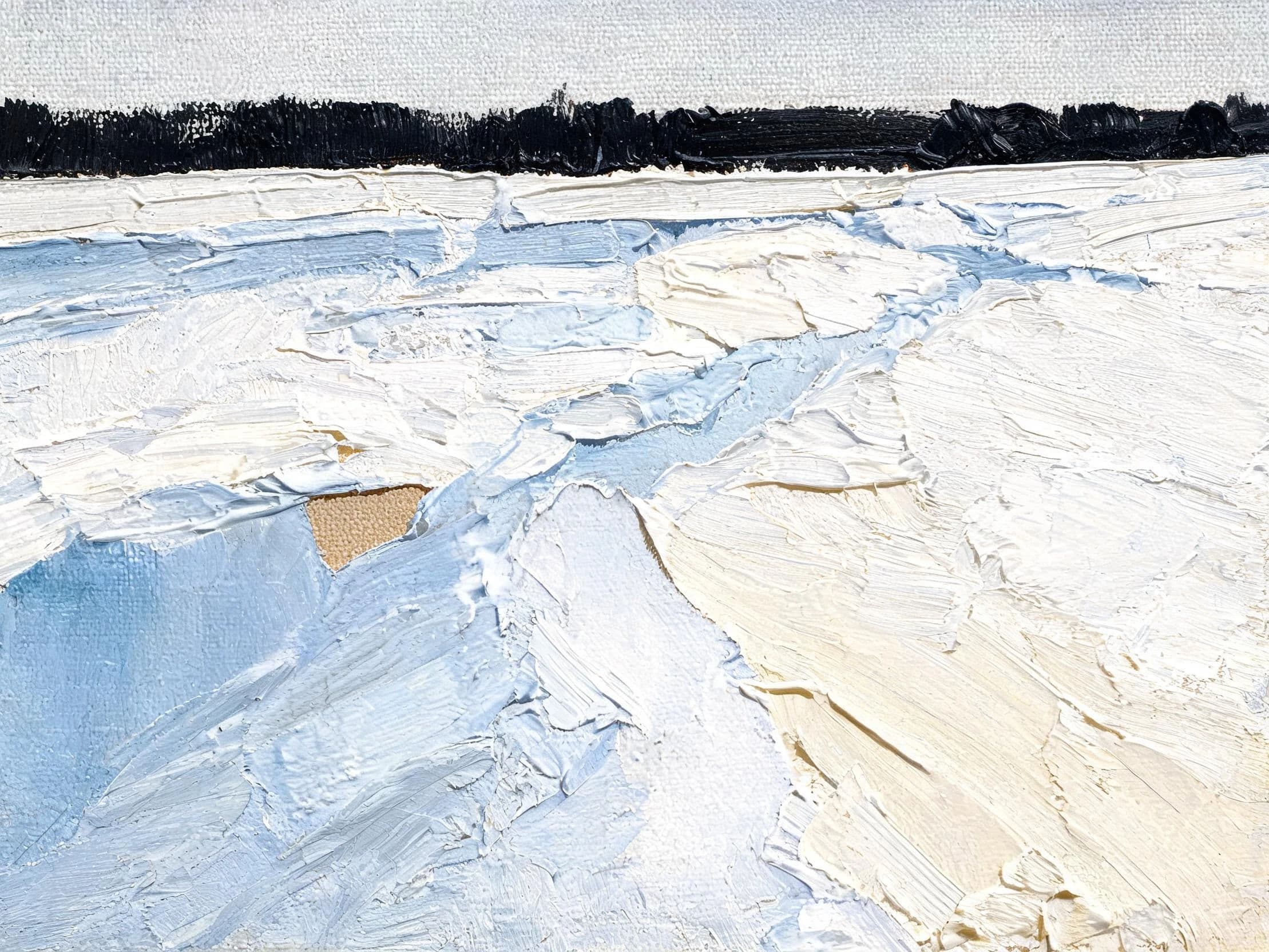 Oil landscape of a snow field and treeline built with broad knife strokes, generated with Seedream 5.0 Lite