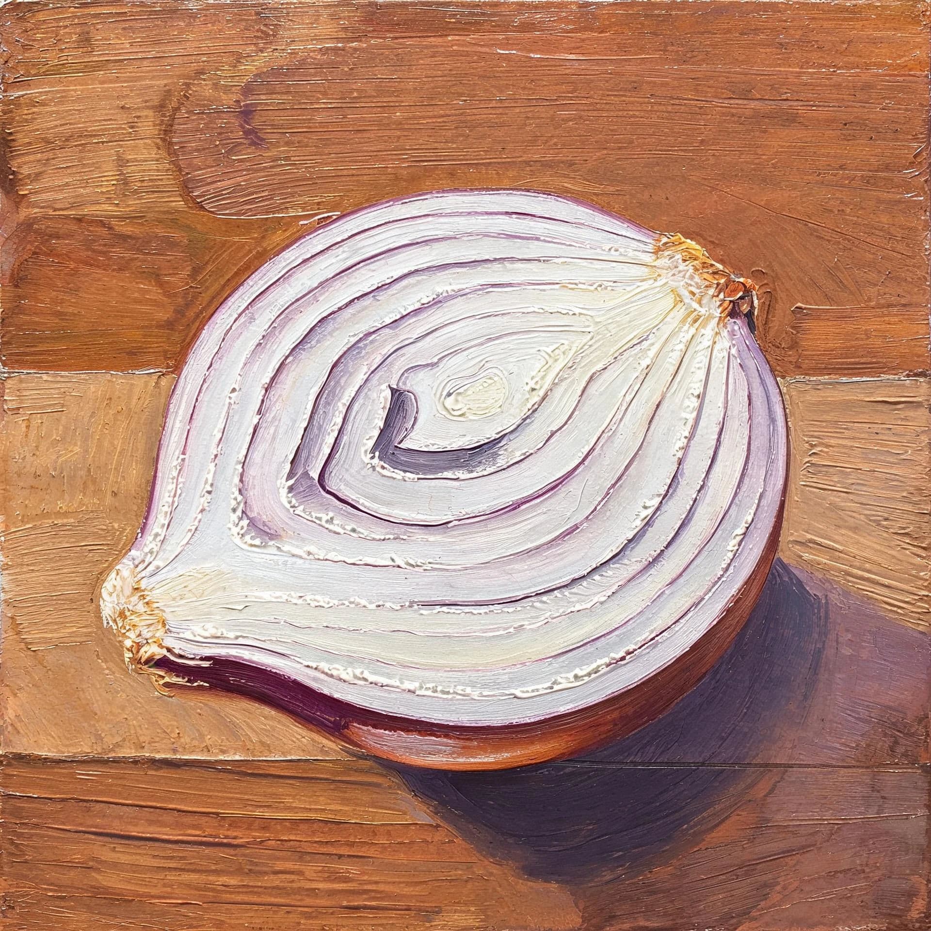 Square oil painting of a halved onion where the rings are drawn into wet paint, generated with Seedream 5.0 Lite
