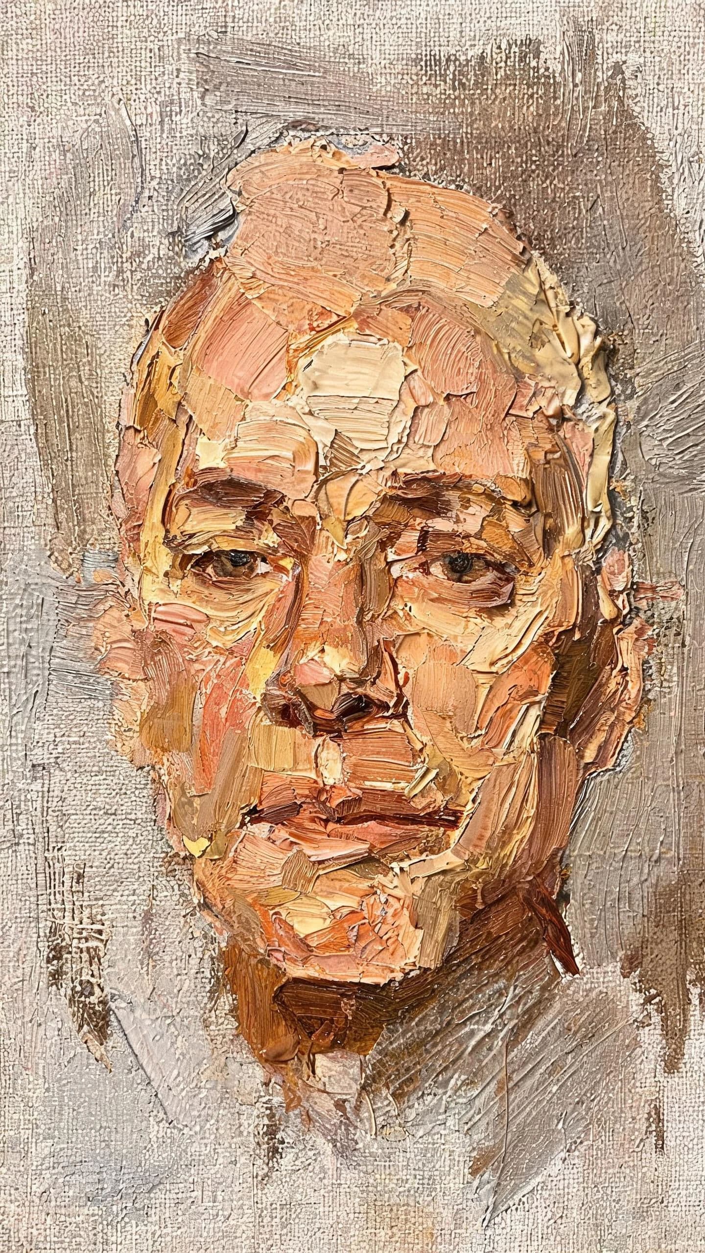 Vertical oil portrait where the background has been scraped back to the ground, generated with Seedream 5.0 Lite