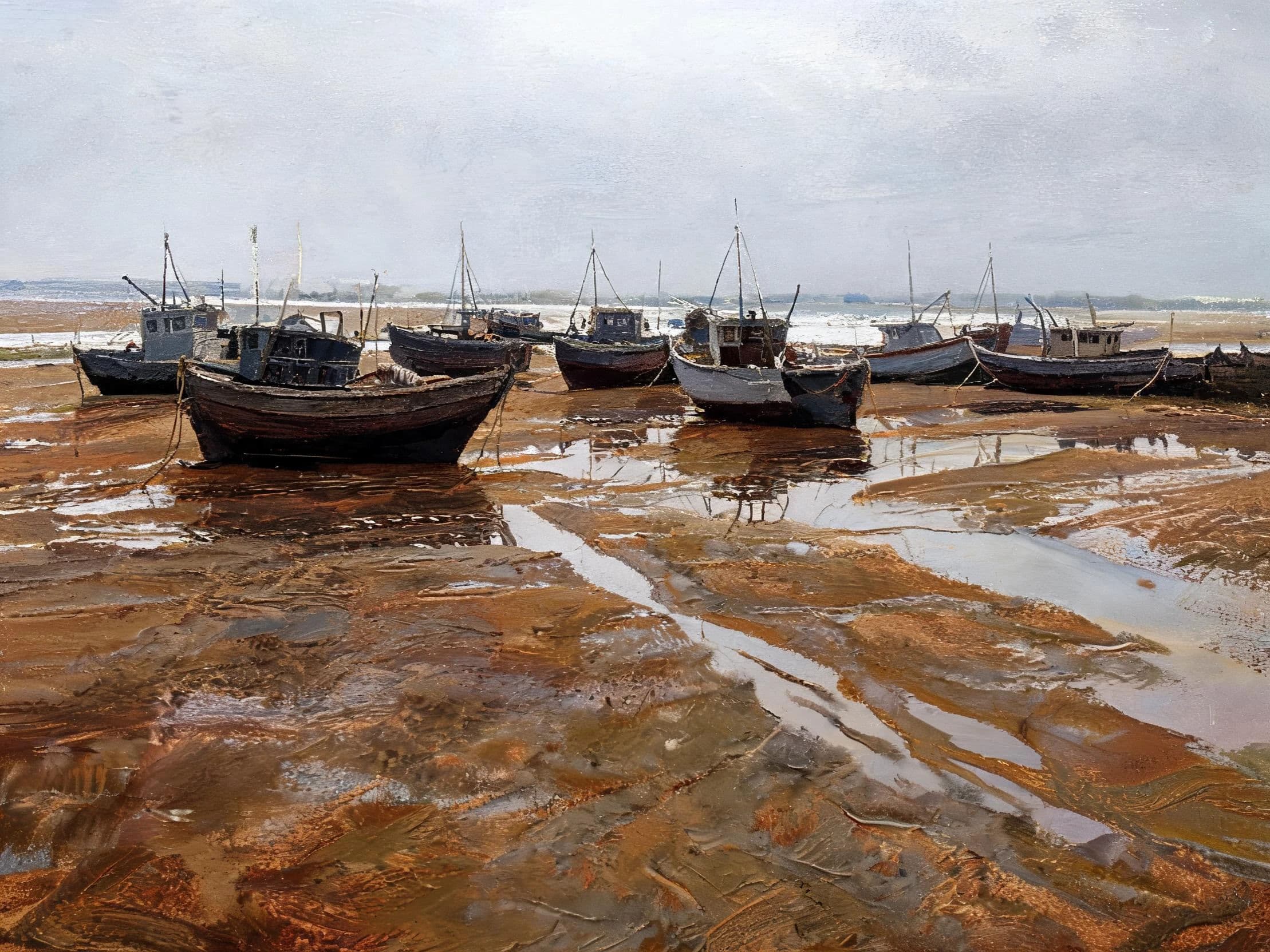 Oil painting of moored boats on harbour mud built in thin transparent layers, generated with Seedream 5.0 Lite