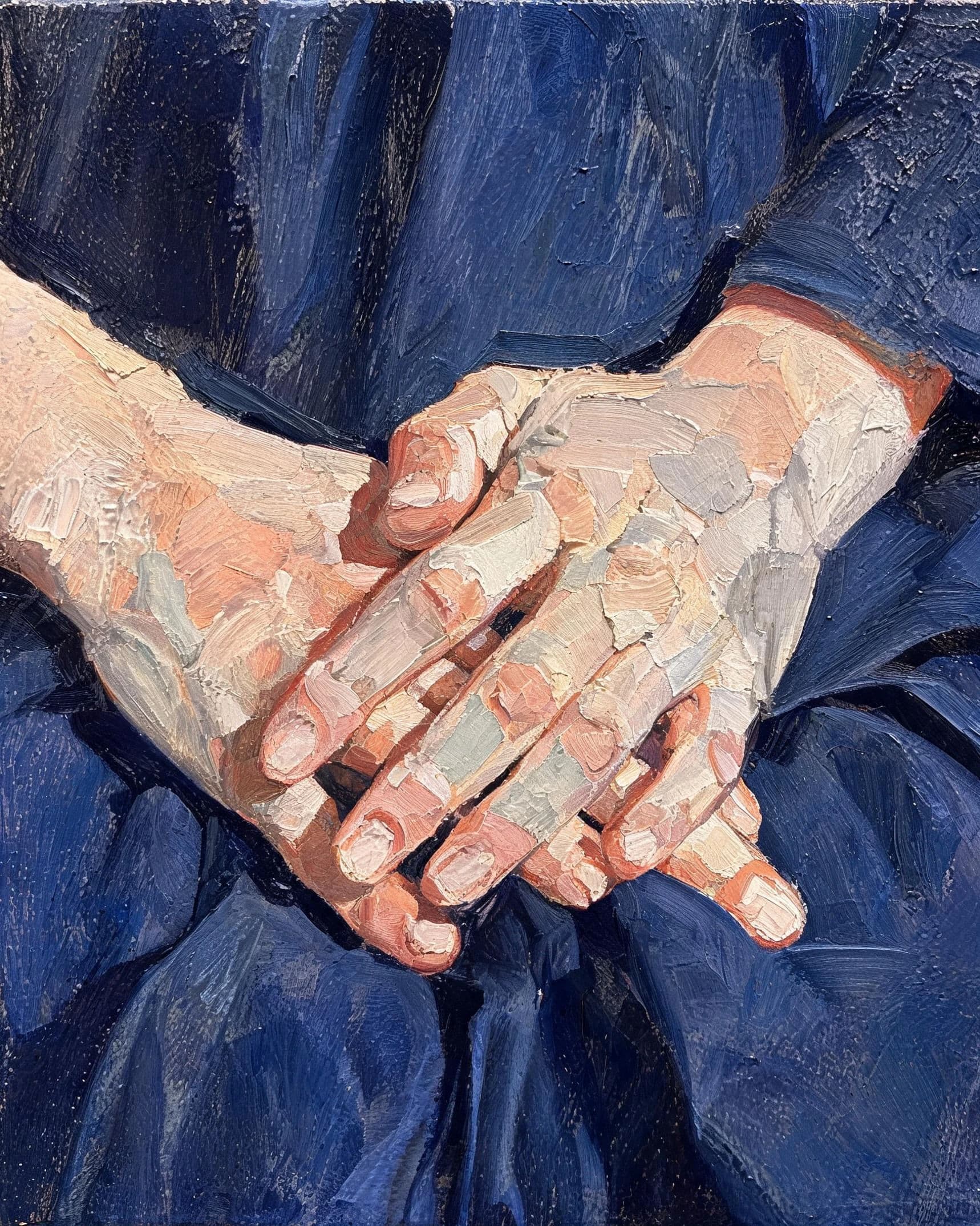Oil painting cropped to a pair of hands resting in a lap painted thickly, generated with Seedream 5.0 Lite