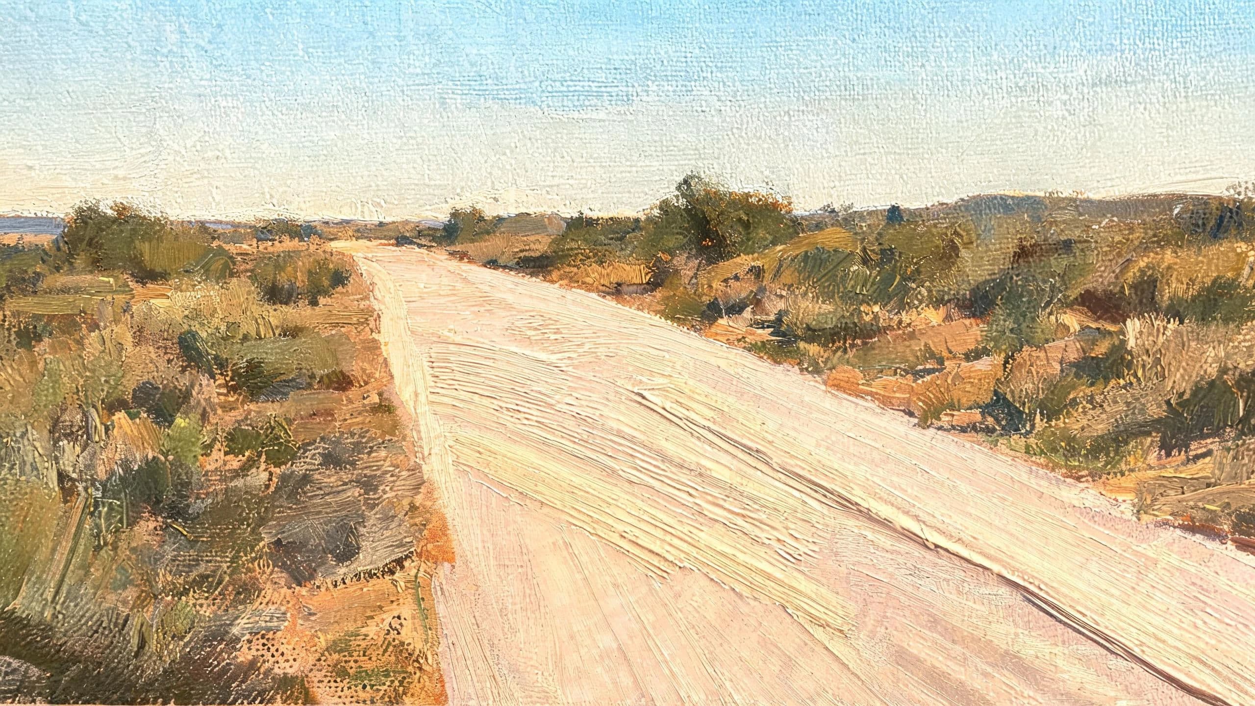 Wide oil landscape of a road crossing open country painted in one session, generated with Seedream 5.0 Lite