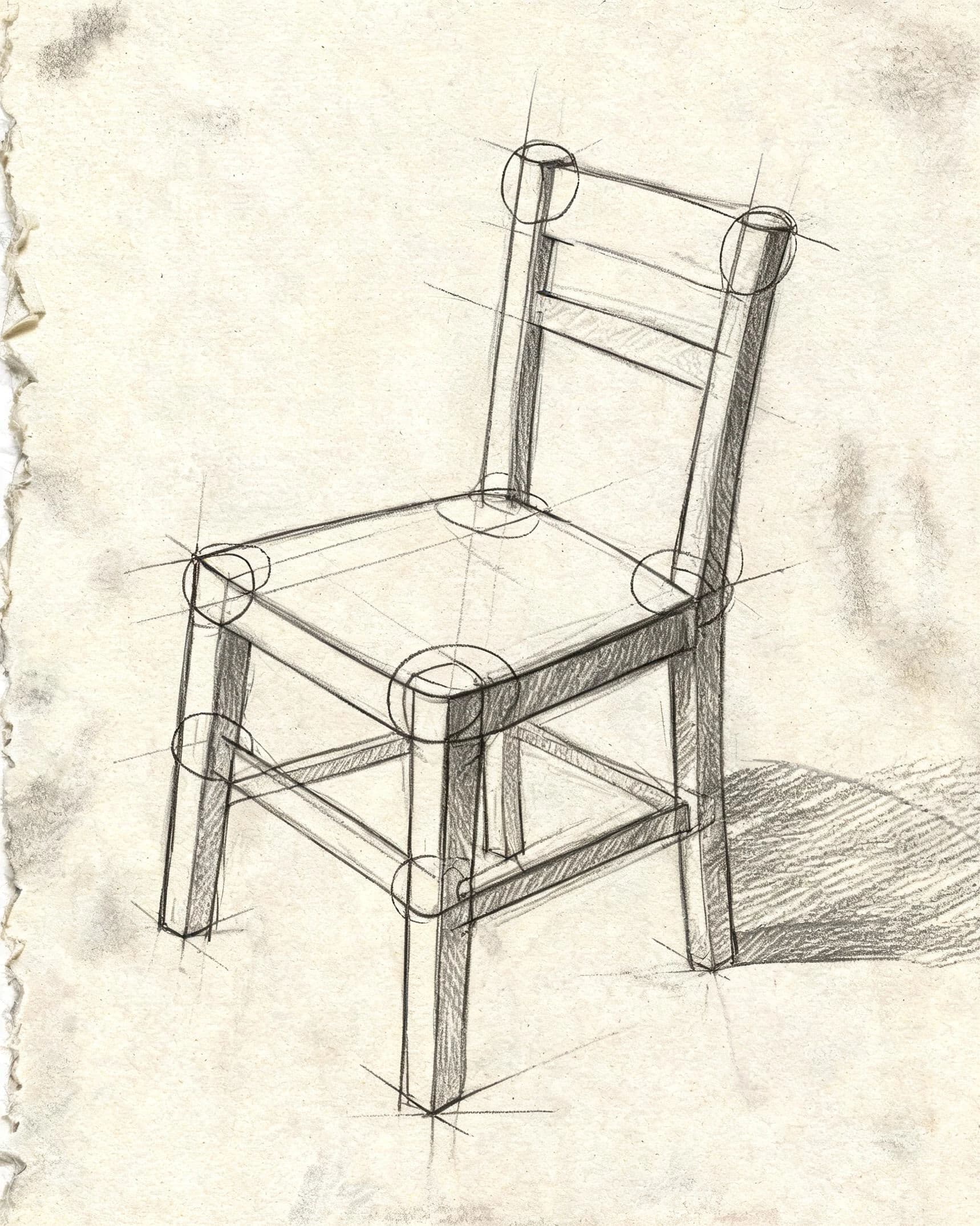 Pencil drawing of a wooden chair with construction ellipses and guide lines left unerased, generated with Seedream 5.0 Lite