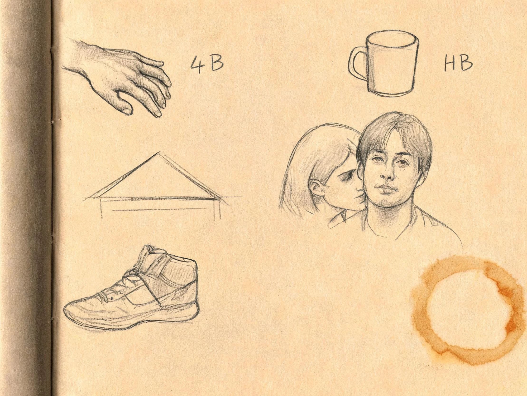 Pencil sketchbook page carrying six unrelated small drawings at different scales, generated with Seedream 5.0 Lite