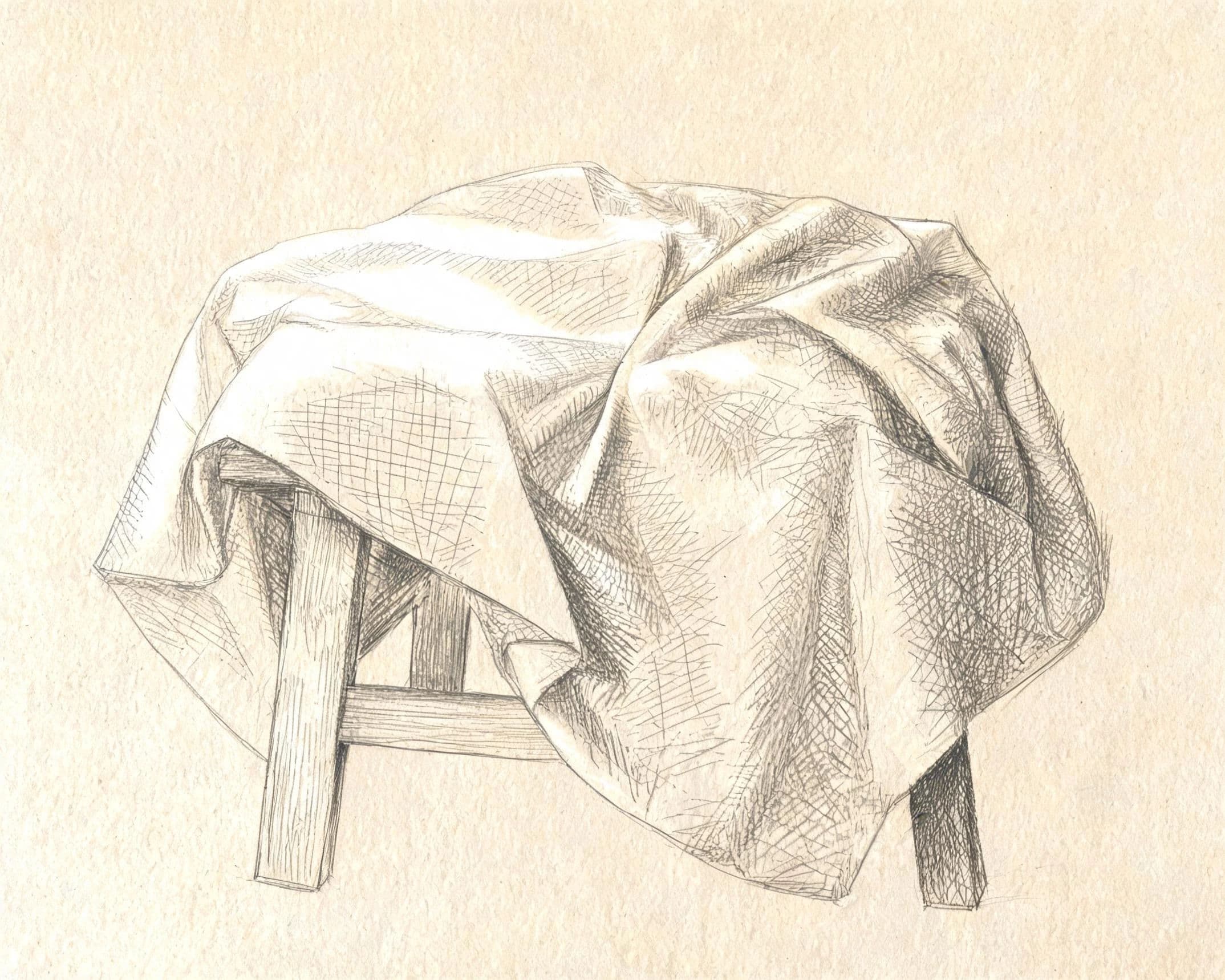 Pencil study of cloth falling over a stool built in cross-hatched tone, generated with Seedream 5.0 Lite