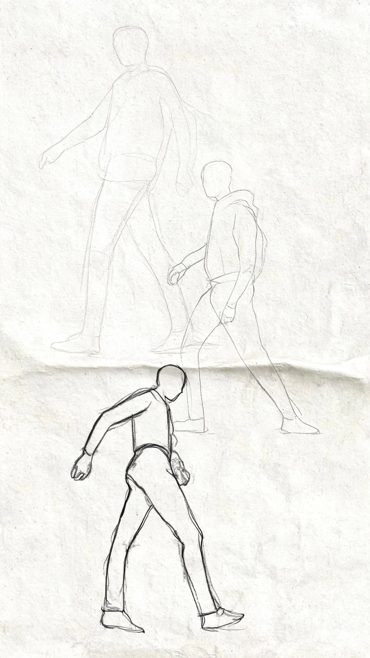 Vertical page of three overlapping quick figure poses drawn in sequence, generated with Seedream 5.0 Lite