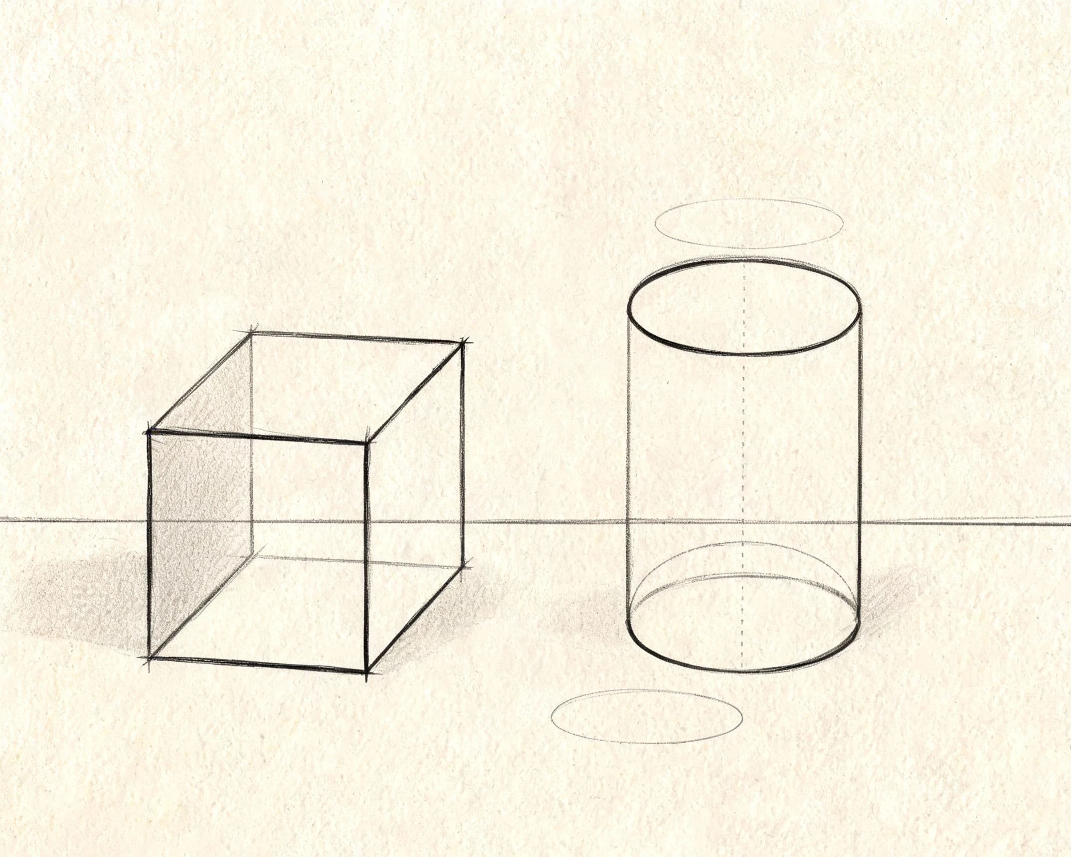 Pencil study of two primitive solids with their hidden edges drawn through, generated with Seedream 5.0 Lite