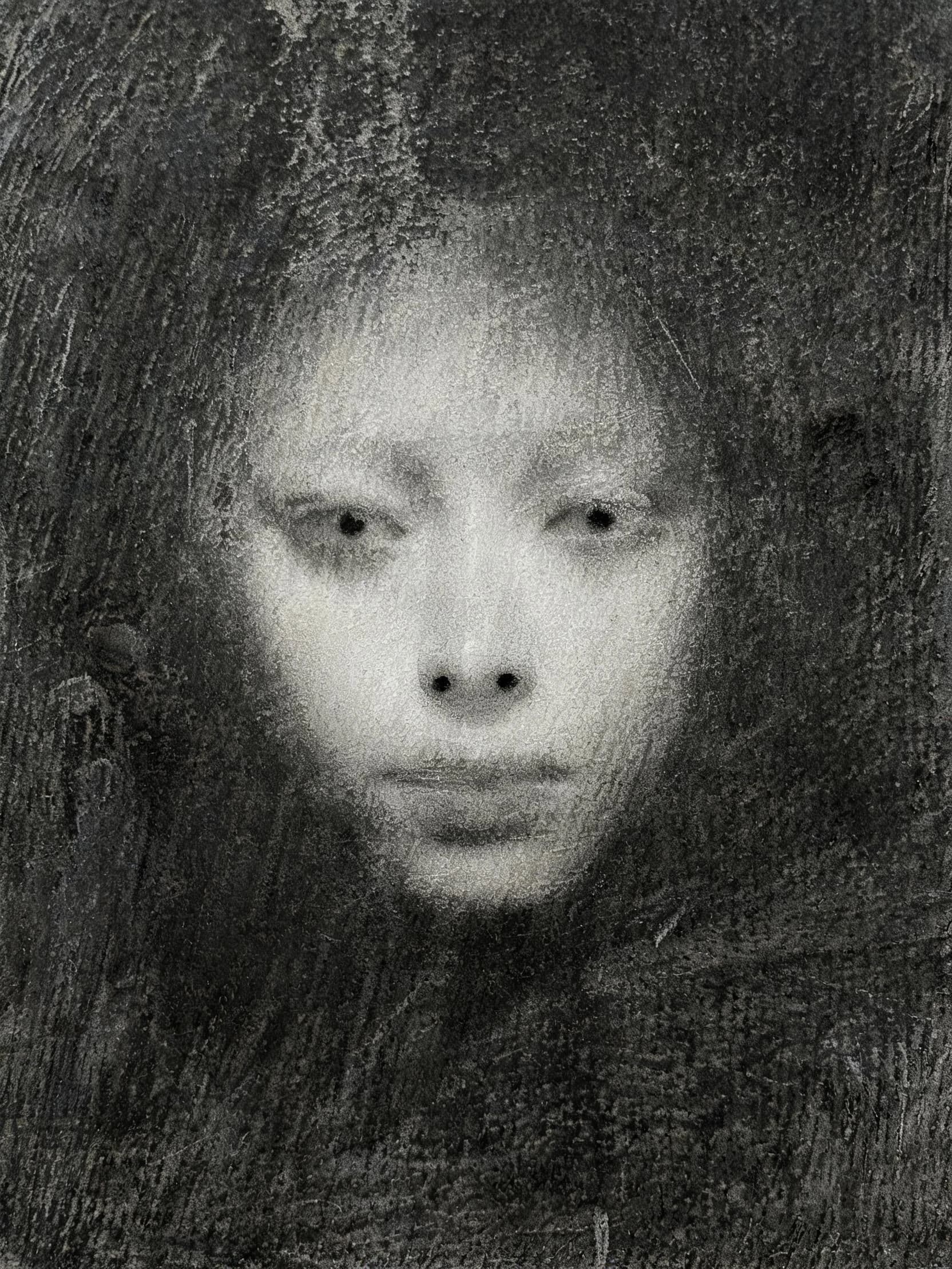 Vertical charcoal portrait where the face is lifted out of a covered ground with an eraser, generated with Seedream 5.0 Lite