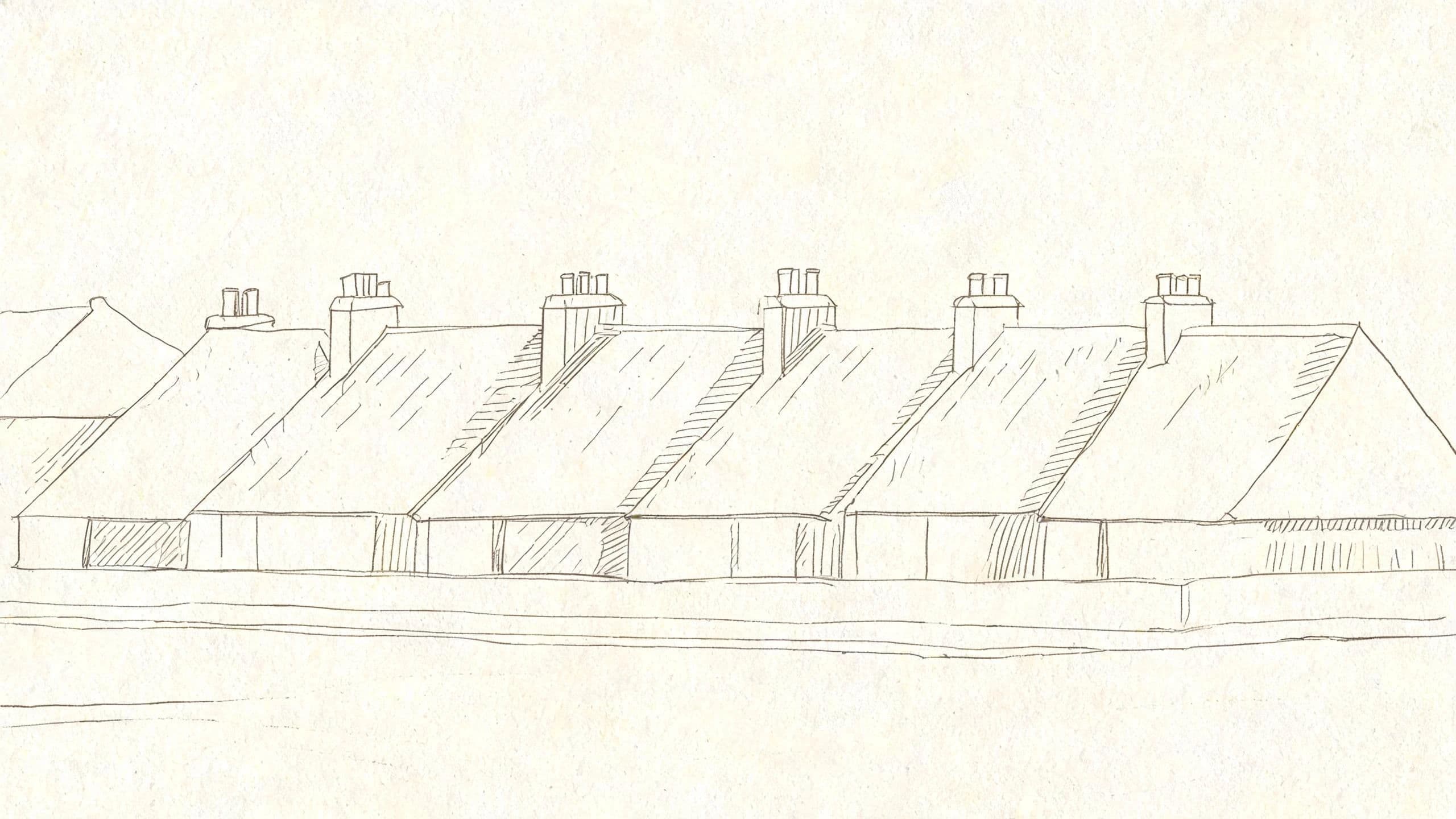 Wide pencil drawing of a row of rooftops where only the shadows are hatched, generated with Seedream 5.0 Lite