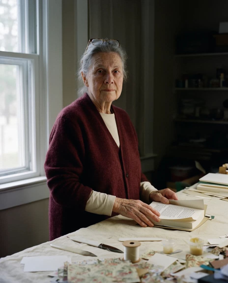 Portrait of a bookbinder in her seventies at a cluttered workbench lit by one window, generated with Krea 2 Large