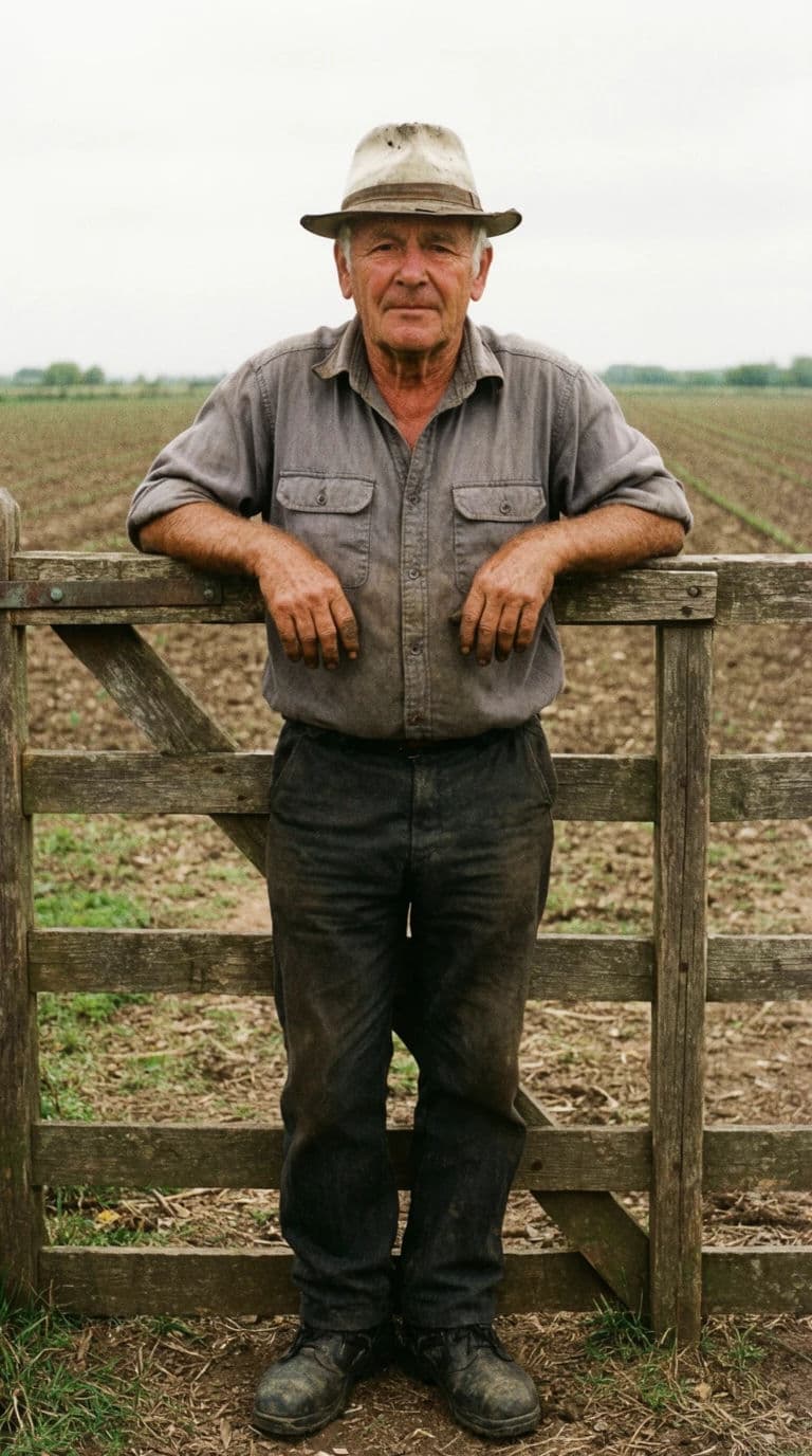 Vertical portrait of a farmer standing at a gate in flat overcast light with fields behind, generated with Krea 2 Large