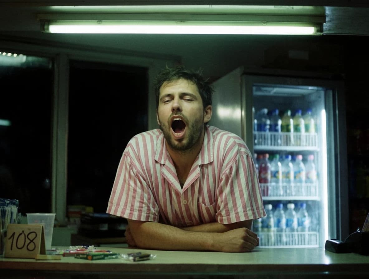 Portrait of a night-shift attendant behind a lit counter with the shop signage as the only source, generated with Krea 2 Large