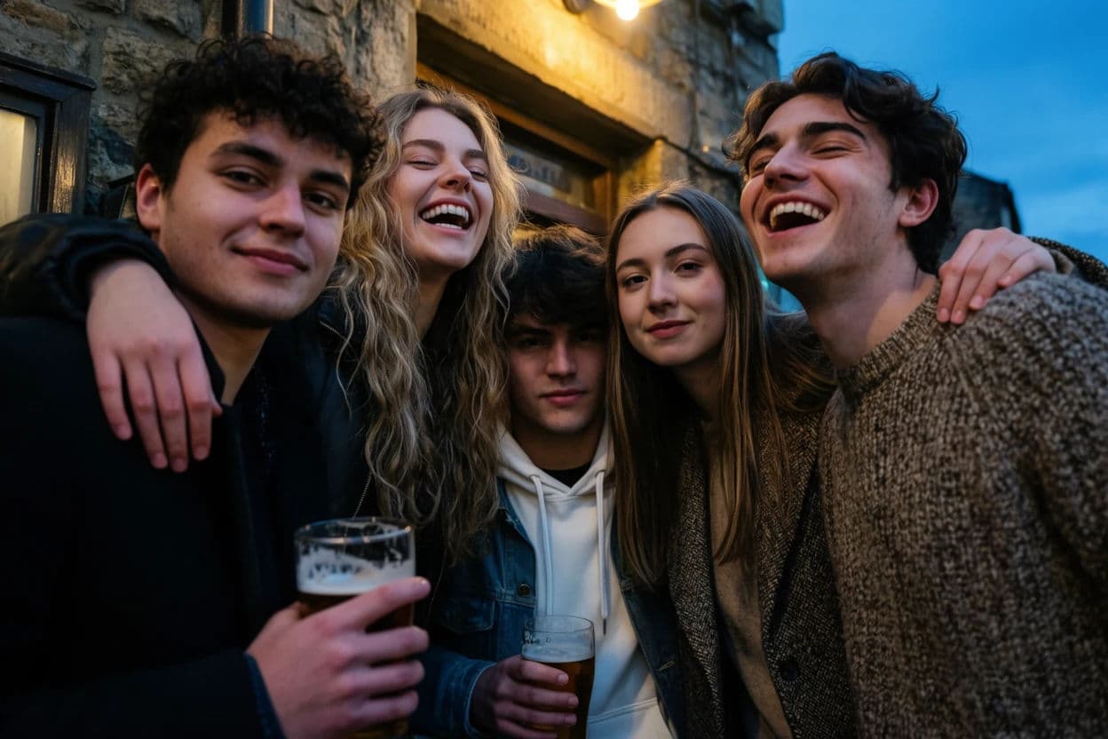 Portrait of five friends crowded together outside a pub at dusk under the doorway light, generated with Krea 2 Large
