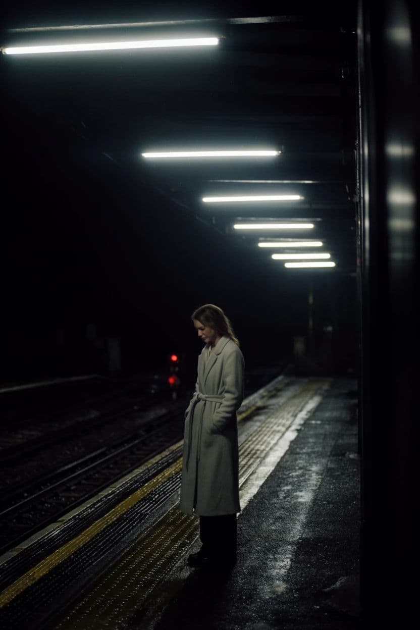 Vertical portrait of a woman waiting alone on a station platform lit by overhead strip lights at night, generated with Krea 2 Large
