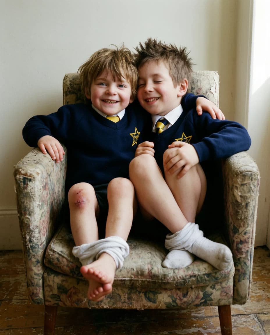 Portrait of two young brothers squashed into one armchair by a window, generated with Krea 2 Large