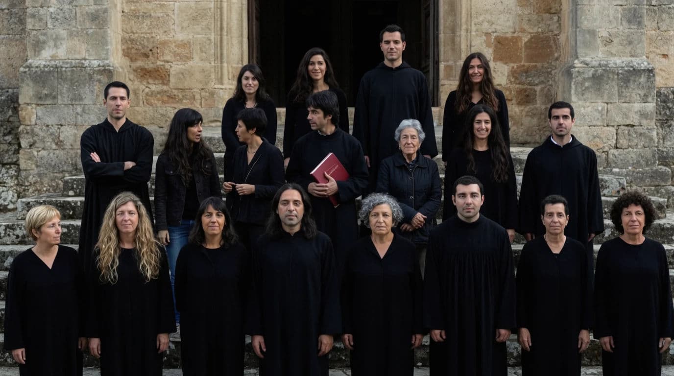 Wide portrait of a village choir arranged across worn church steps in flat afternoon light, generated with Krea 2 Large