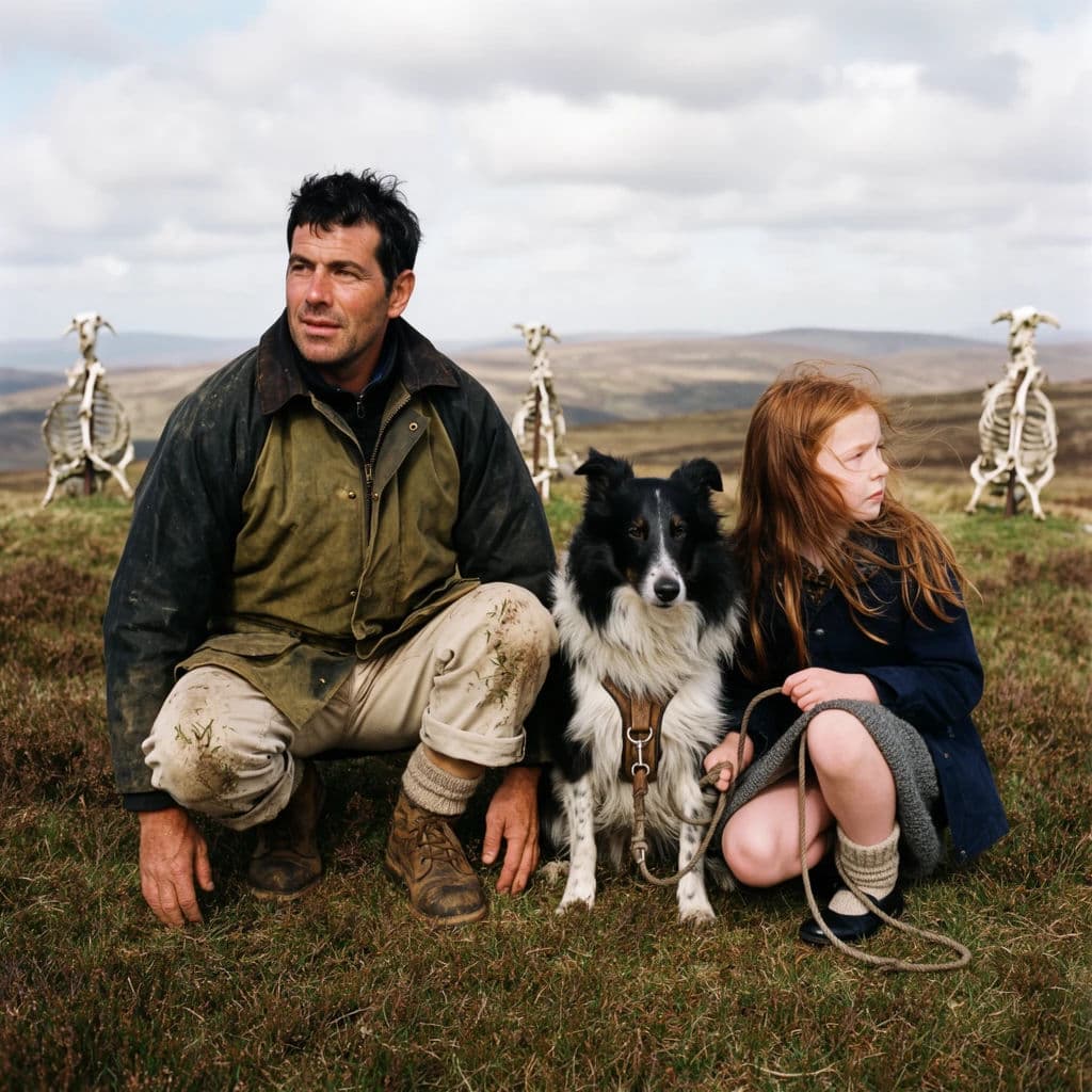 Square portrait of two shepherds crouched with a working dog between them on open hill ground, generated with Krea 2 Large