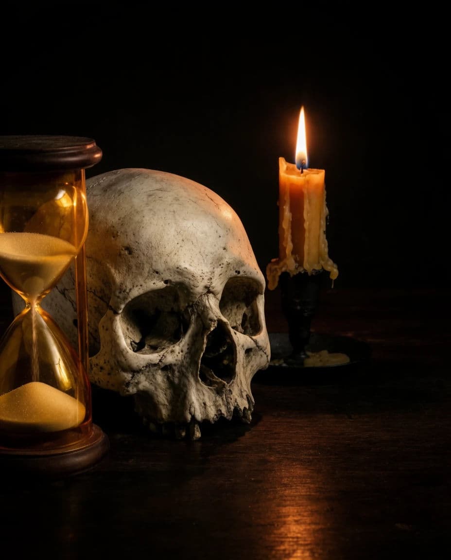 Still life of a skull with an hourglass and a candle burned almost to the holder, generated with Krea 2 Large