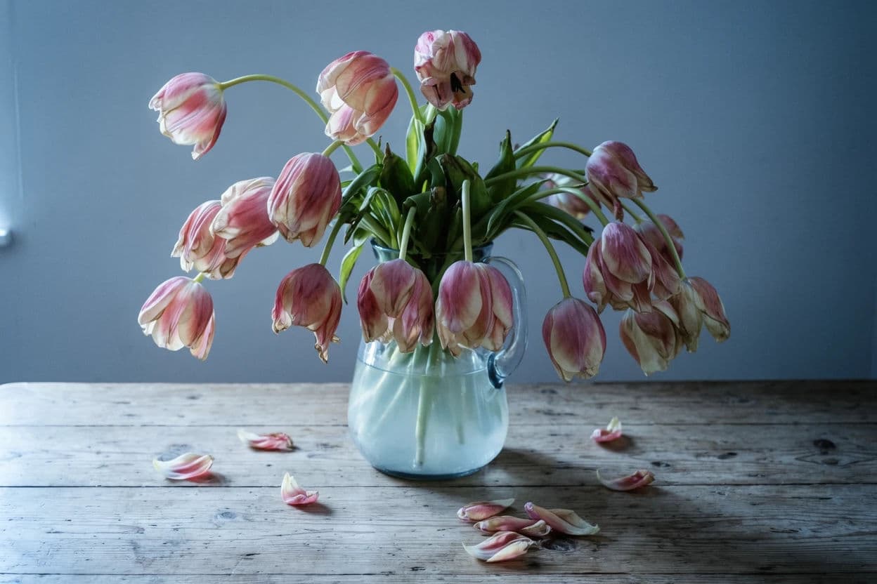 Still life of tulips in a glass jug with the stems bent and petals dropping, generated with Krea 2 Large