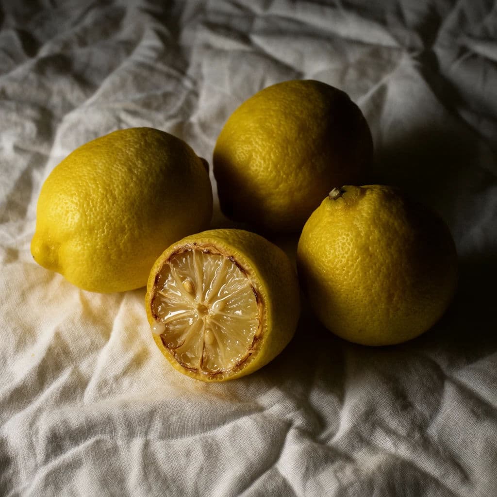 Square still life of four lemons on rumpled white linen with one cut open, generated with Krea 2 Large