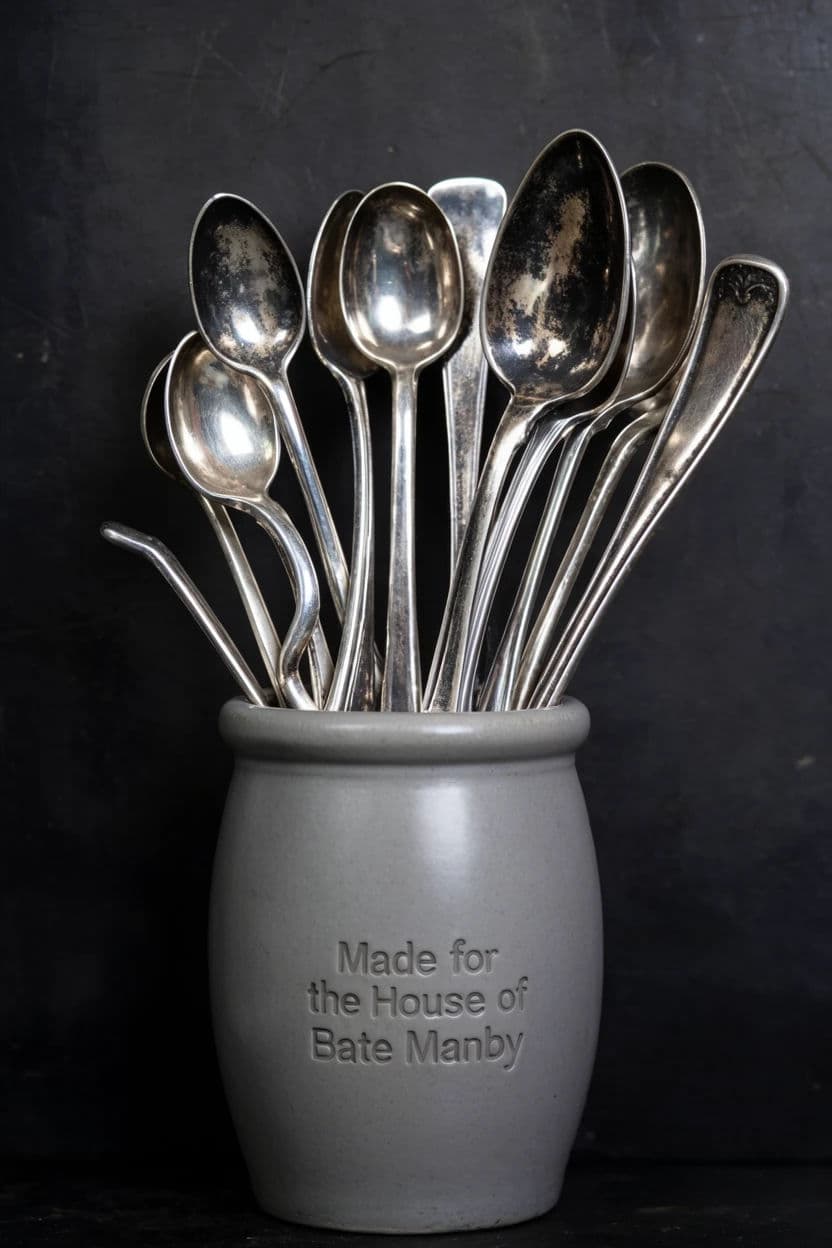 Vertical still life of mismatched tarnished silver spoons standing in a stoneware jar, generated with Krea 2 Large